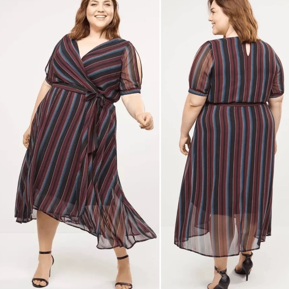 LANE BRYANT DRESS SIZE 26P. FAUX WRAP MIDI STRIPED DRESS. GAUZY, FLOWY, LINED,